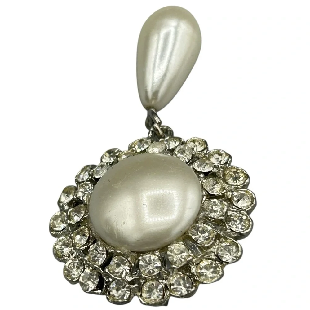 Vintage 1950s Pearl Rhinestone Drop Brooch | Mid Century Glam